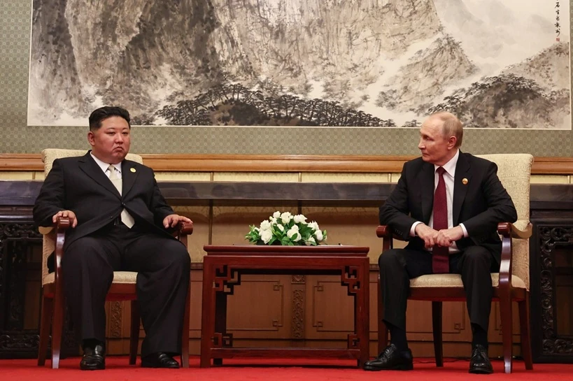 Xi Putin Kim One Stage Matters Start President of Russia Vladimir Putin meeting with North Korean leader Kim Jong-un (2025)