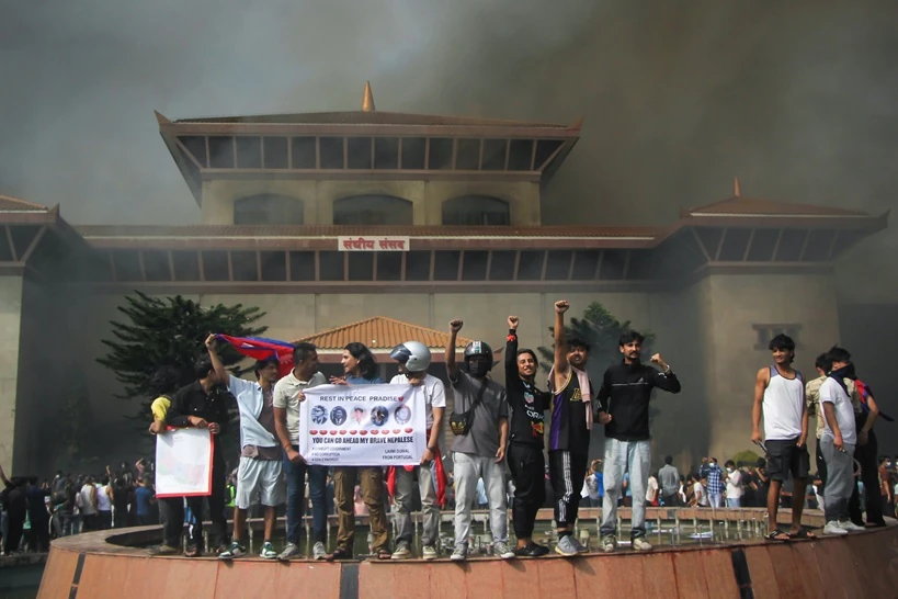 Nepal Social Media Ban Protests Start 9th September 2025. Kathmandu, Nepal. Gen Z moment destruction in the parliament of Nepal, protest against corrupted Nepalese government and the banned of social media