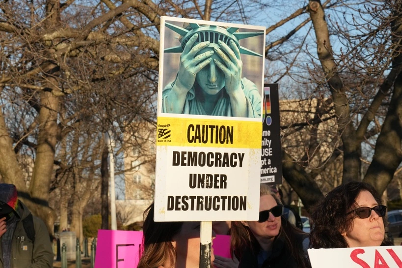 Washington, DC – March 04, 2025: Ahead of President Trump's speech to Congress, protestors gathered at the US Capitol calling attention to his autocratic ways and to stop Fascism.