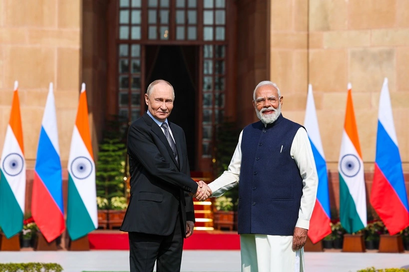 PM meets Russian President, Mr. Vladimir Putin at Hyderabad House, in New Delhi on December 05, 2025. Attribution: Prime Minister's Office (GODL-India), GODL-India , via Wikimedia Commons