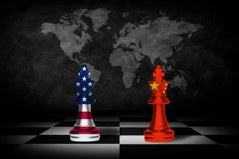 USA and China trade relations, cooperation strategy. US America and China flags on chess pawns soldiers on a chessboard. 3d illustration