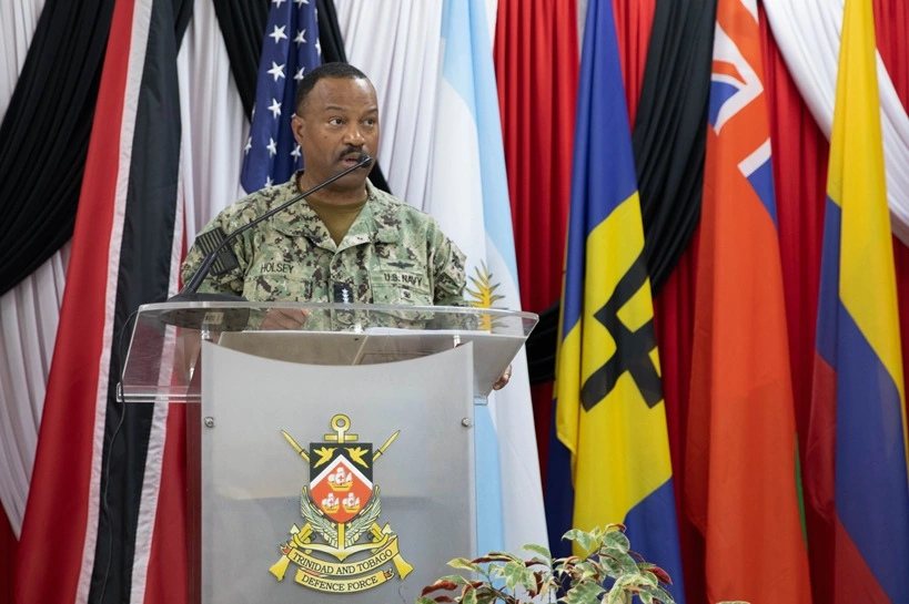 U.S. Navy Adm. Alvin Holsey, commander of U.S. Southern Command (USSOUTHCOM), provides remarks at the TRADEWINDS 25 (TW25) closing ceremony at Teteron Barracks in Teteron Bay, Trinidad and Tobago, May 8, 2025. U.S. Army National Guard photo by Spc. Astia LeBron, Public domain, via Wikimedia Commons.