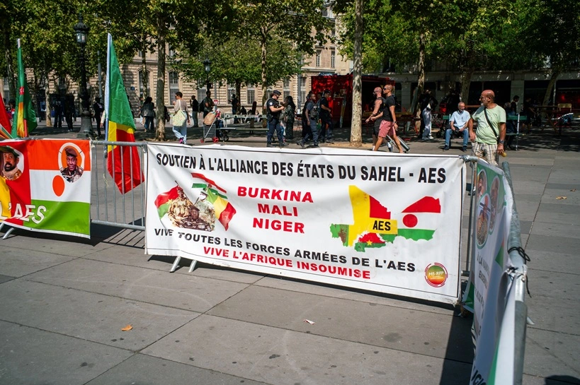 Paris, France, Europe, August 23 2025, demonstration in support of the African states of Mali, Burkina Faso and Niger at Place de la République in Paris.