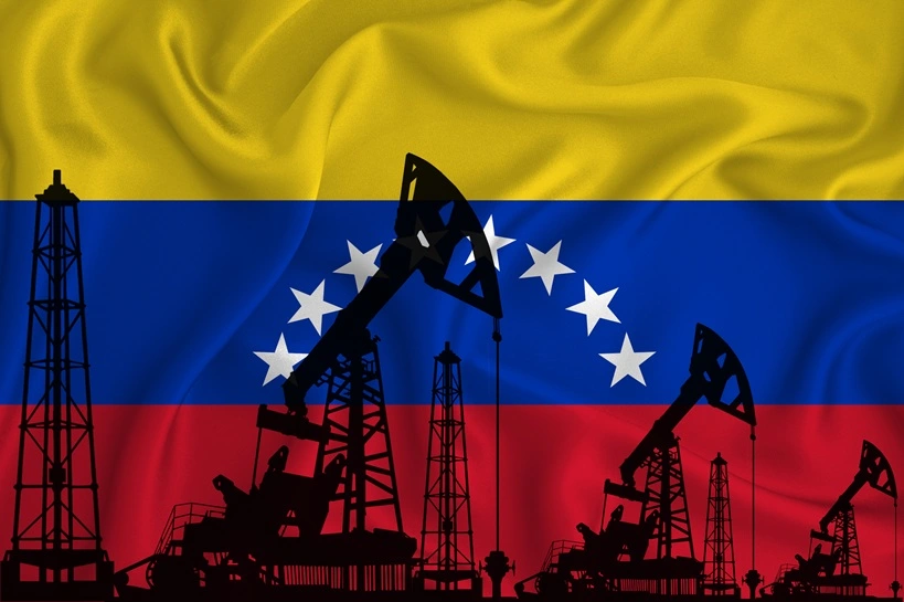 Silhouette of drilling rigs and oil derricks on the background of the flag of Venezuela. Oil and gas industry. The concept of oil fields and oil companies.