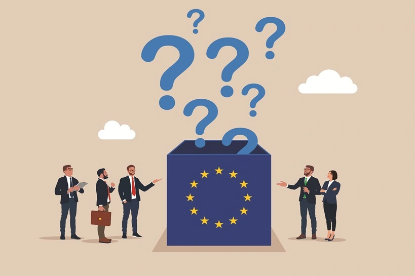 Business people in searching opened the box European Union. Thinking of who what where when why and how. Asking questions for solution to solve problem, business analysis. Vector illustration