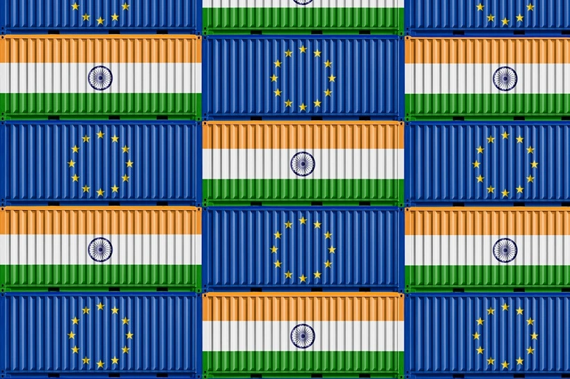 Cargo container with Eu and India flag. Concept of business and trade between Eu and India