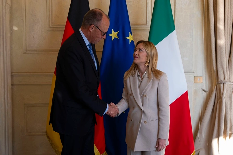 President Meloni meets with Chancellor Merz. Rome, 23/01/2026 – The President of the Council of Ministers, Giorgia Meloni, with the Federal Chancellor of the Federal Republic of Germany, Friedrich Merz. Under licence CC-BY-NC-SA 3.0 IT