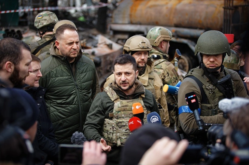 Bucha, Ukraine. APR 04, 2022 President of Ukraine Volodymyr Zelenskyy visit Bucha town after liberation it from Russian occupiers during Russian Ukrainian war