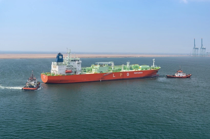 Jakarta, Indonesia - August 14: Gas tanker in port Jakarta on August 14, 2019 in Jakarta, Indonesia.