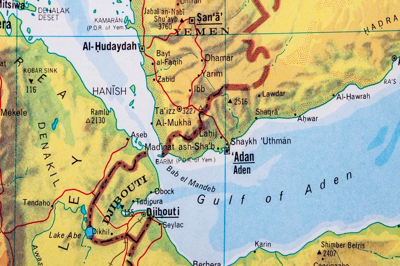 Map showing the Bab el Mandeb Strait and Gulf of Aden connecting the Red Sea to the Arabian Sea. Important global trade corridor often associated with geopolitical tensions, shipping disruptions and maritime security concerns