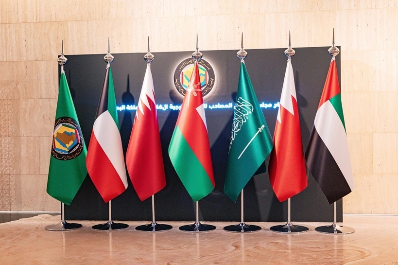 3 December 2025, Bahrain, Manama: GCC member states flags standing together, symbolizing regional cooperation, diplomacy, and political alliance