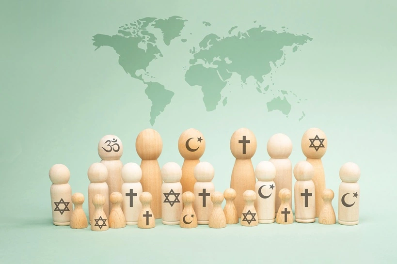 World religion day, people with symbols of different religious belief, Christianity, Islam, Hinduism, Buddhism, Judaism faith, worldwide celebration