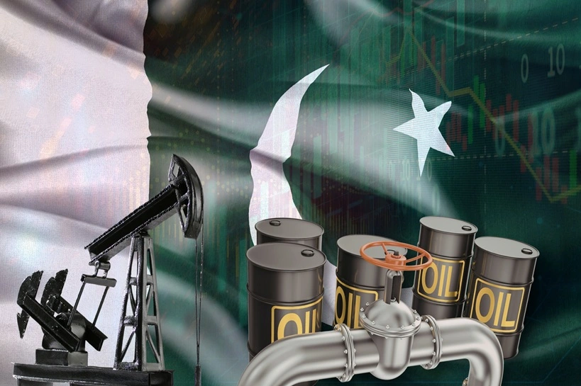 The Pakistani flag, oil drums, an oil refinery. Illustrating political relations, markets, price fluctuations; the oil crisis.