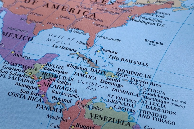 Central America, Caribbean Sea, a photo of an vintage atlas map, published in 1979, suitable to illustrate history, travel, tourism, trade and politics themes
