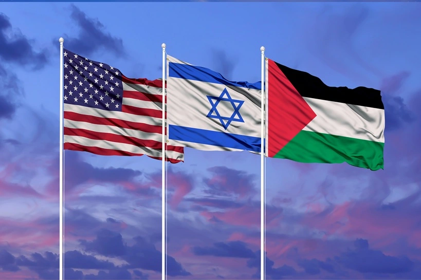 Flags of Israel, palestine and usa The concept of tense relations between Israel and palestine . Source: Shutterstock