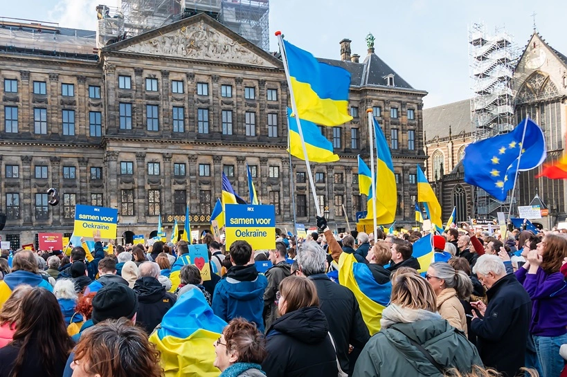 Amsterdam, Netherlands - February 23, 2025: Three years of Russian full-scale invasion of Ukraine. Mass rally in support of Ukraine in Amsterdam "Three years of resilience and struggle for future". Source: Shutterstock