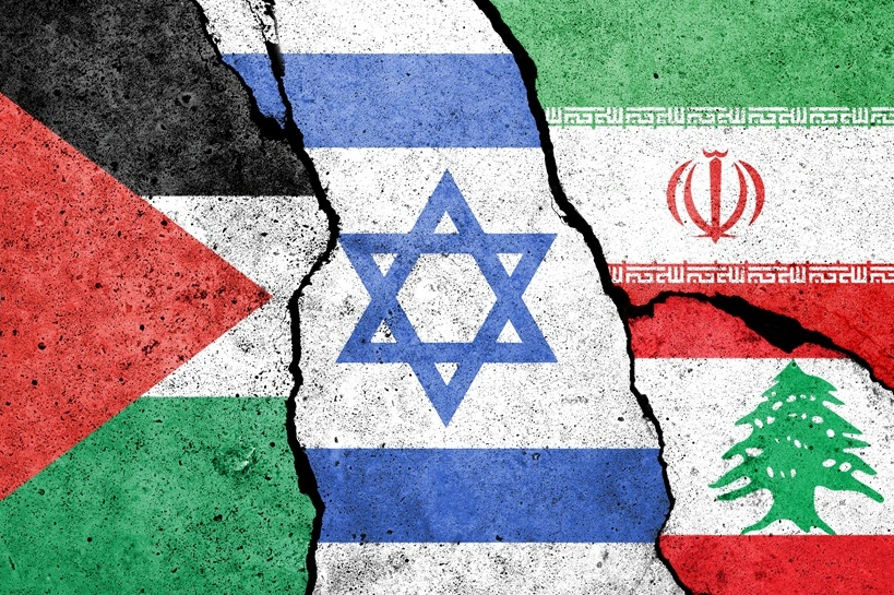 Flag of Palestine, Israel, Iran and Lebanon painted on the concrete wall. Gaza and Israel conflict. Terrorist organizations hezbollah and hamas. Source: Shutterstock