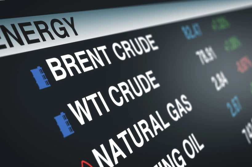 Detailed view of commodity and energy market board displaying Brent crude, WTI crude, and natural gas prices, highlighting global trading activity and financial fluctuations. Source: Shutterstock