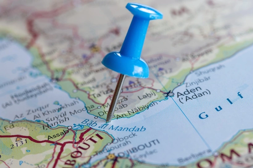Bab al Mandab Strait Pinned on a World Map, Strategic Maritime Trade Route Between the Red Sea and Gulf of Aden. Source: Shutterstock