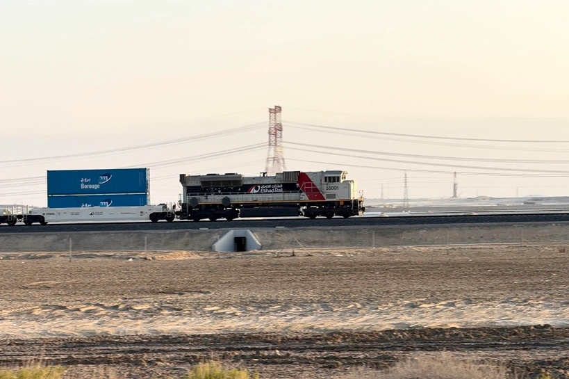 Etihad Rail line captured along a Saudi Arabia roadway, showcasing the modern tracks cutting through desert landscapes.19 January 2026 Abu Dhabi Uae. Source: Shutterstock