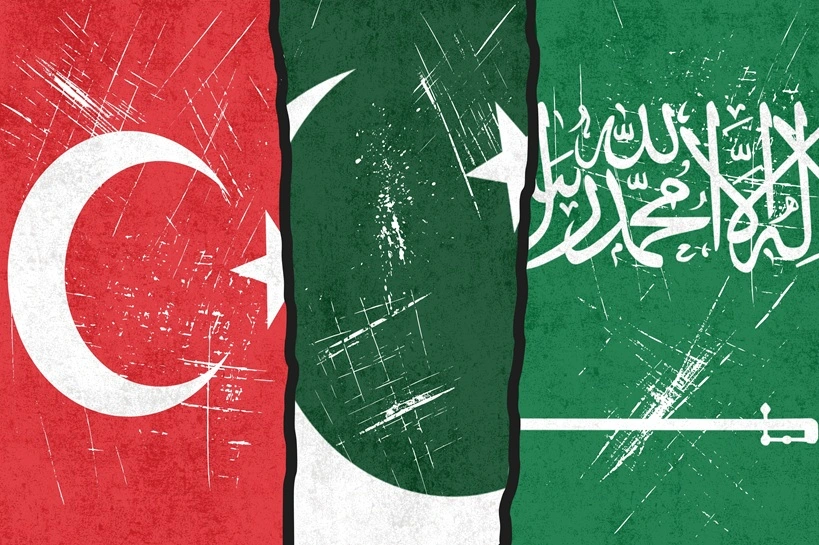 Flags of Turkey, Pakistan, and Saudi Arabia with Grunge Texture Concept for International Relations and Diplomacy. Source: Shutterstock
