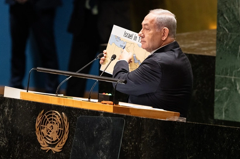Prime Minister of Israel Benjamin Netanyahu speaks at the 78th Session of the General Assembly of UN in New York on September 22, 2023. Source: Shutterstock