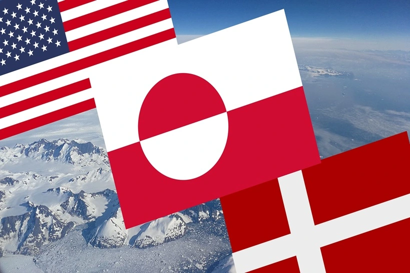 Flags of America, Denmark and Greenland against a backdrop of snowy mountains and Arctic glaciers. Source: Shutterstock